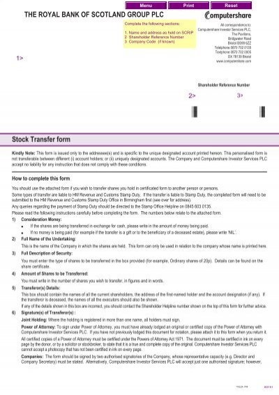 Stock Transfer Form THE ROYAL BANK OF SCOTLAND Investors