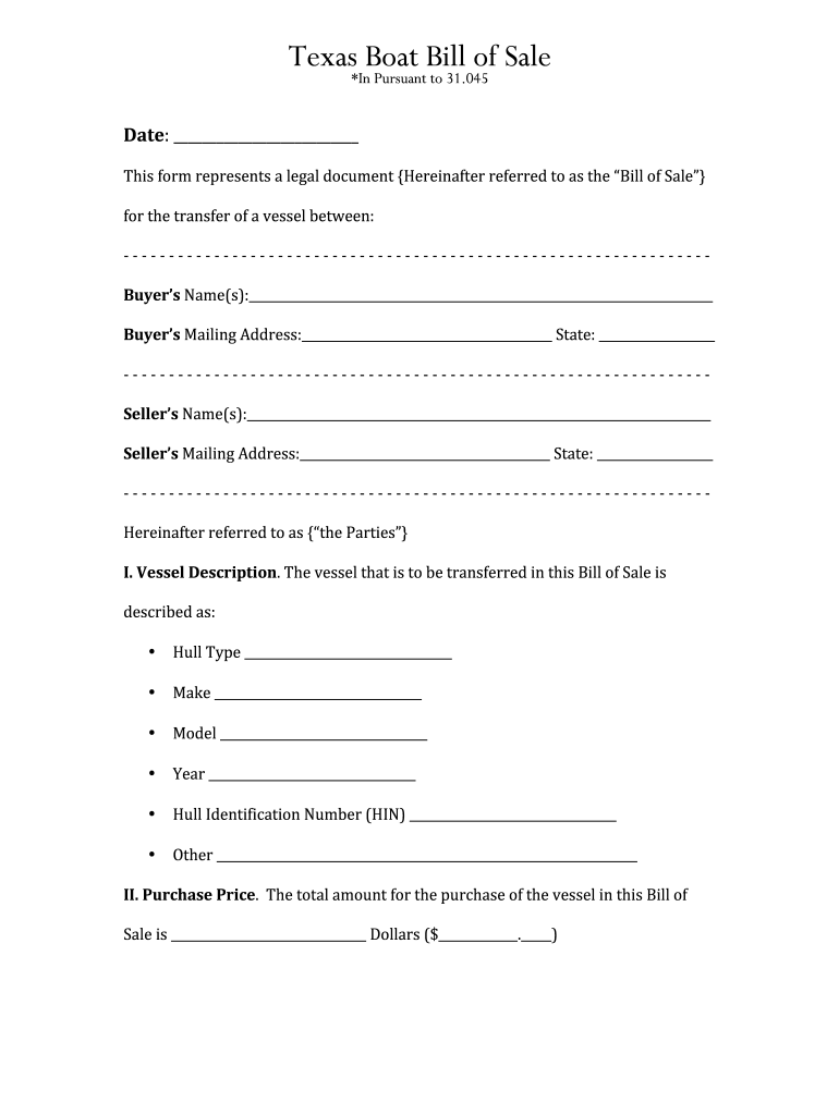 Texas Boat Bill Of Sale Fill Online Printable Fillable Blank 