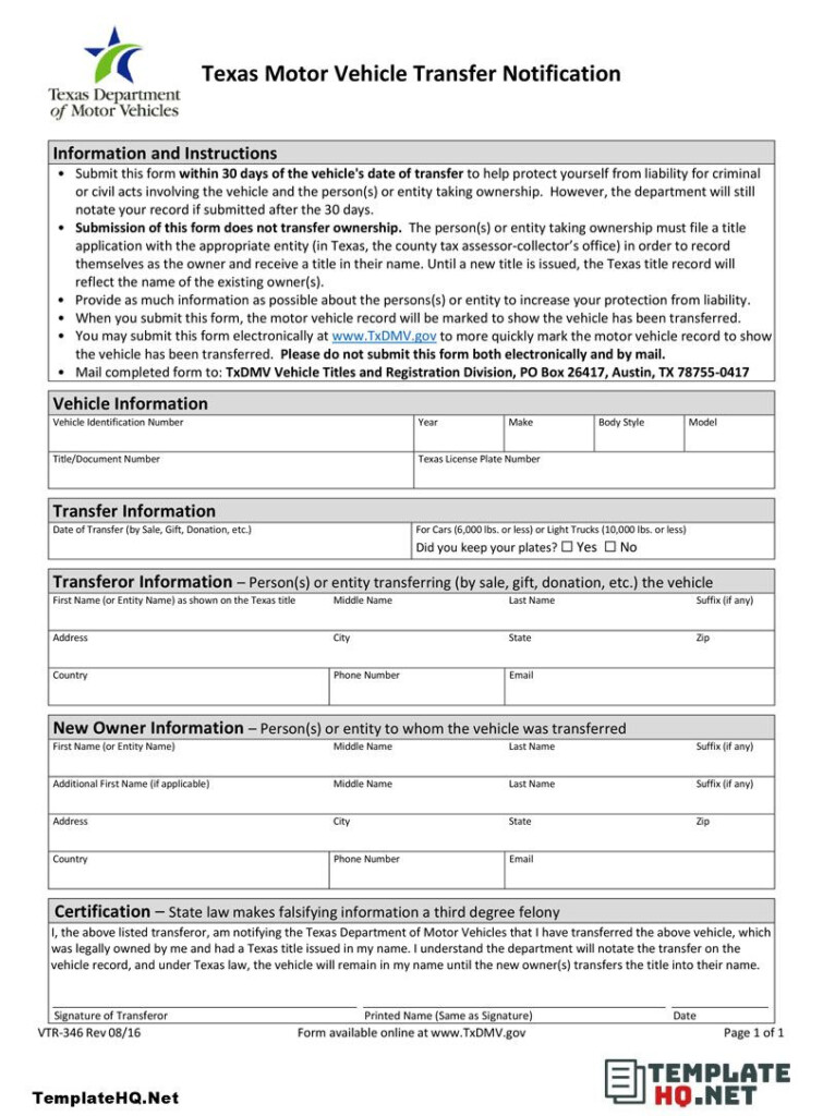 Texas Motor Vehicle Transfer Notification Form In 2021 How To