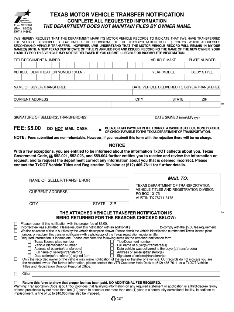 Texas Car Title Transfer Form Form Vtr 346 Download Fillable Pdf Or ...