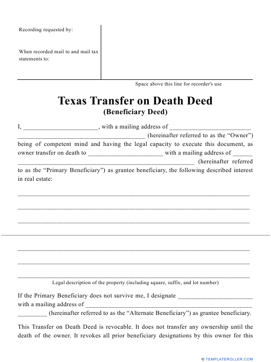 Texas Transfer On Death Deed Form Download Printable PDF Templateroller