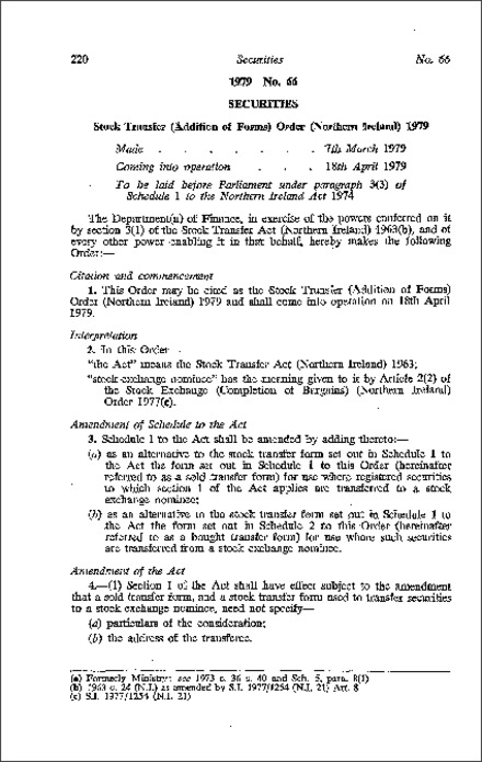 The Stock Transfer Addition Of Forms Order Northern Ireland 1979