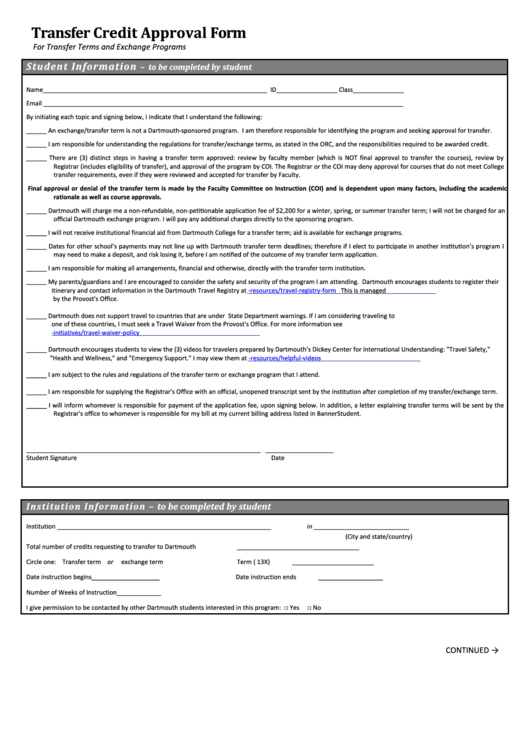 Transfer Credit Approval Form Printable Pdf Download