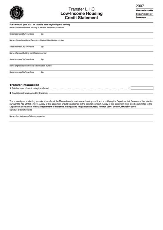 Transfer Lihc Form Low Income Housing Credit Statement Printable Pdf 