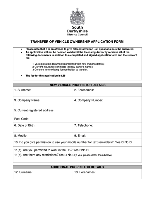 Transfer Of Vehicle Ownership Application Form Printable Pdf Download