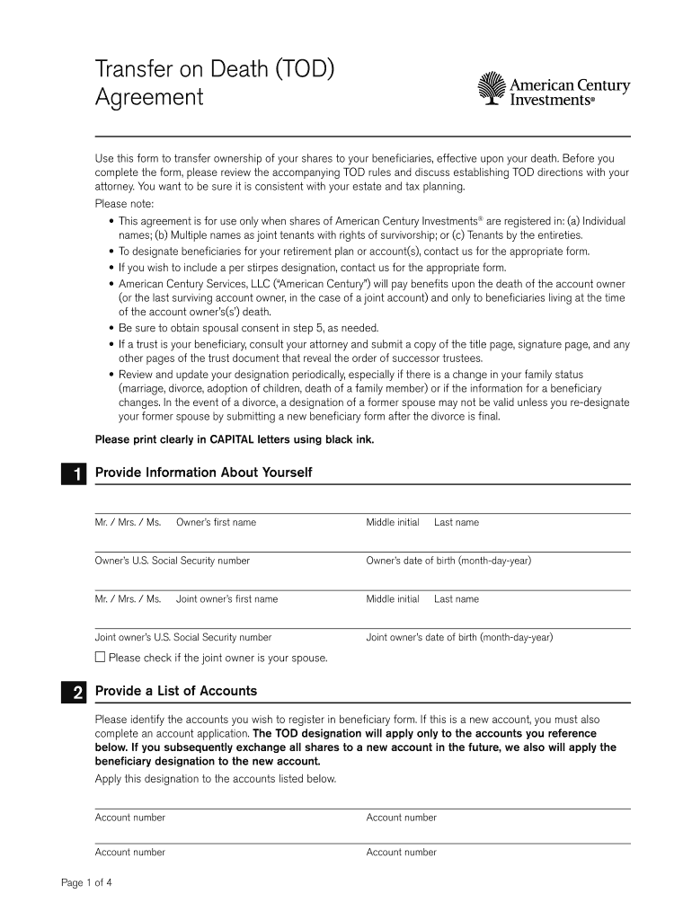 Transfer On Death TOD Agreement American Century Investments 2020