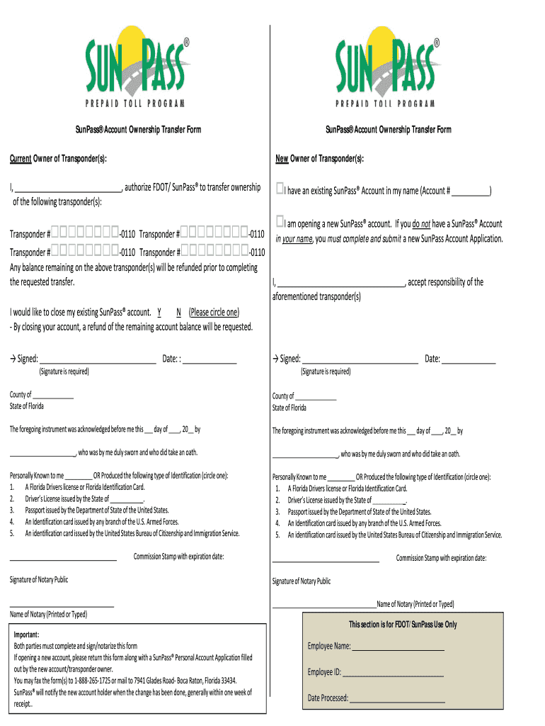 Transfer Sunpass Transponder To Another Account Fill Online