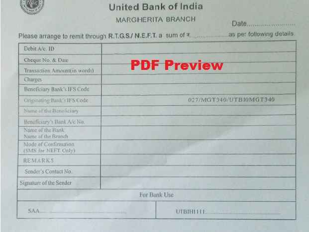 UBI United Bank Of India NEFT RTGS Form PDF Download PDF Form Download