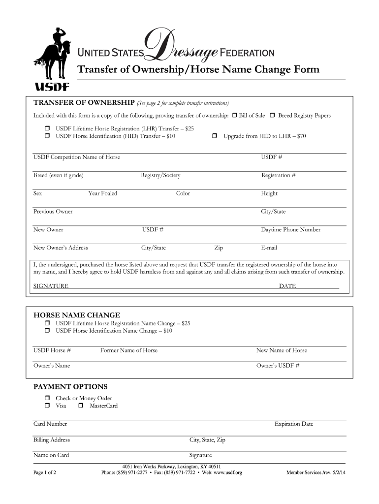 USDF Transfer Of Ownership Horse Name Change Form 2014 2021 Fill And 