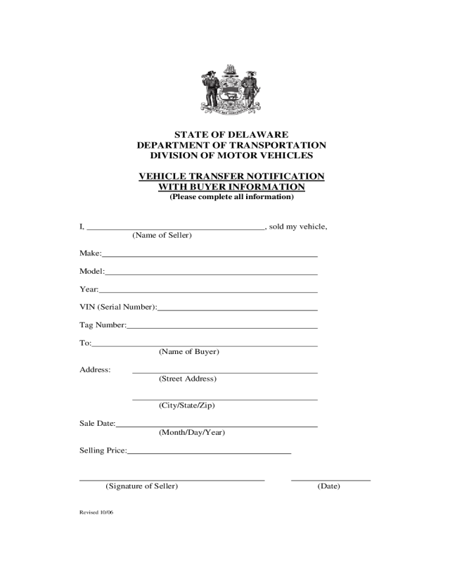 Vehicle Transfer Notification With Buyer Information Delaware Edit 