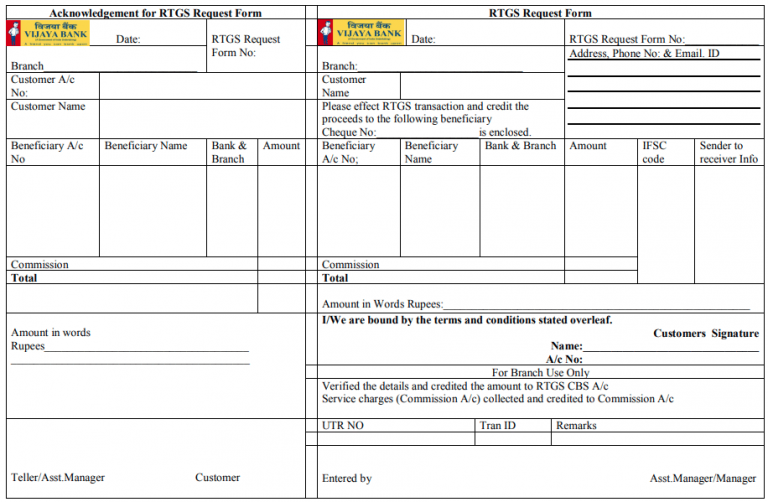 Vijay Bank RTGS Form 2020 Rules Timing Charges How To Do RTGS