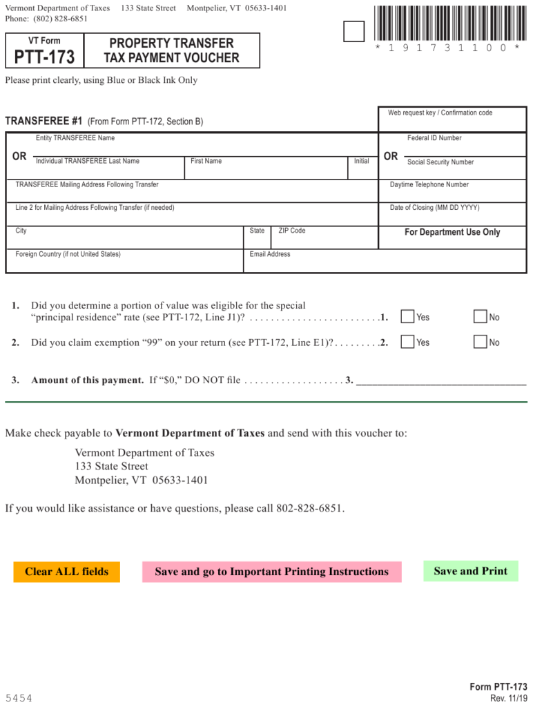VT Form PTT 173 Download Fillable PDF Or Fill Online Property Transfer 