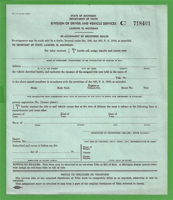 VTG 1954 State Of Michigan License Plate Transfer Form MV 17 10 54 250M 