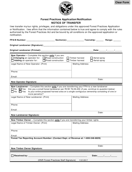 Washington Forest Practices Application Notification Notice Of Transfer 