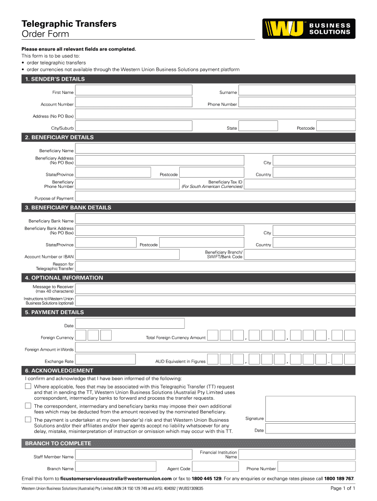 Western Union Telegraphic Transfer Form Fill Out And Sign Printable 