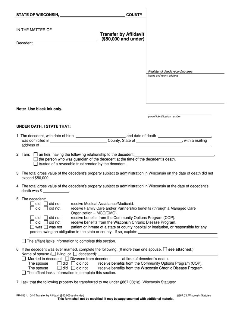 WI Transfer By Affidavit 2010 Complete Legal Document Online US 