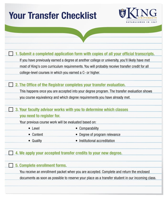 Your King University Transfer Checklist King University Online